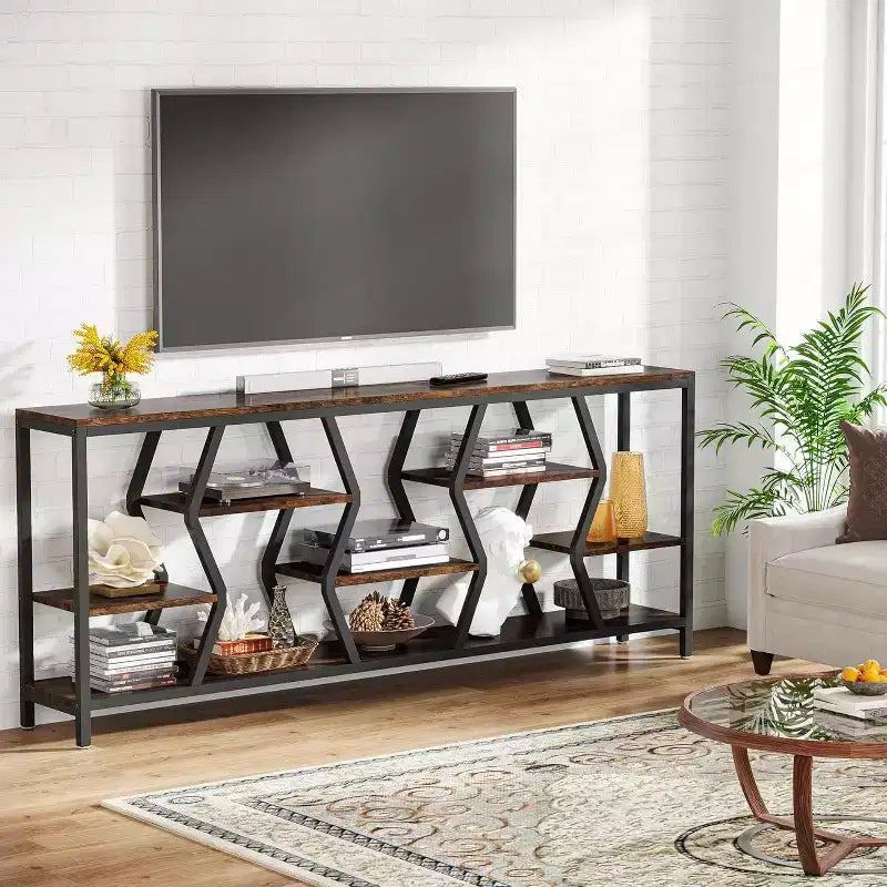 Lantine 70.9-Inch Sofa Console Table with 4-Tier Storage, Industrial Narrow Entryway Table for Hallway, Living Room, Foyer, Rustic Brown