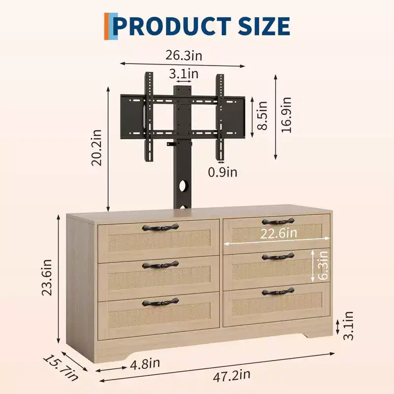 TV Stand with Mount C 47.2 Modern Entertainment Center, 6-Drawer Rattan Dresser for 32-85 Inch TVs, Media Console Table with Storage