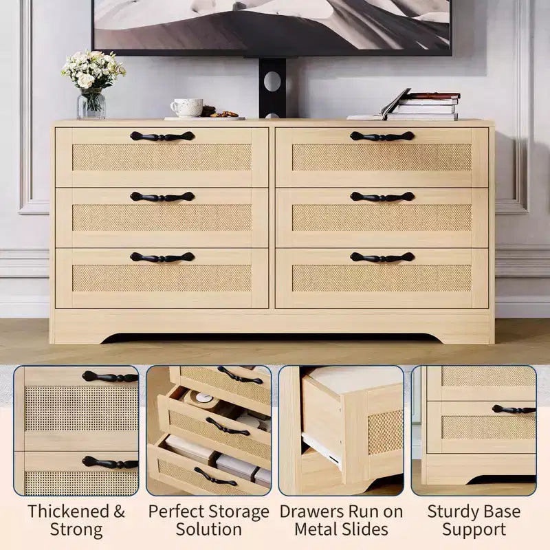 TV Stand with Mount C 47.2 Modern Entertainment Center, 6-Drawer Rattan Dresser for 32-85 Inch TVs, Media Console Table with Storage