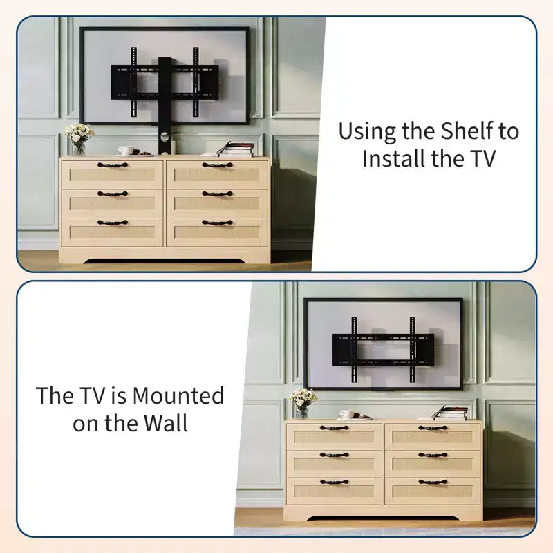 TV Stand with Mount C 47.2 Modern Entertainment Center, 6-Drawer Rattan Dresser for 32-85 Inch TVs, Media Console Table with Storage