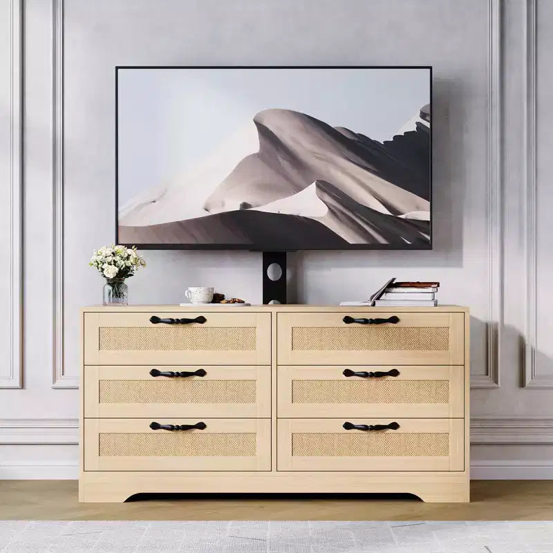 TV Stand with Mount C 47.2 Modern Entertainment Center, 6-Drawer Rattan Dresser for 32-85 Inch TVs, Media Console Table with Storage