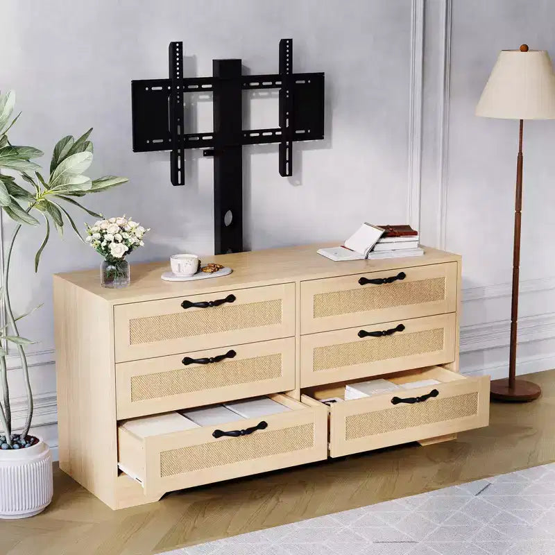 TV Stand with Mount C 47.2 Modern Entertainment Center, 6-Drawer Rattan Dresser for 32-85 Inch TVs, Media Console Table with Storage