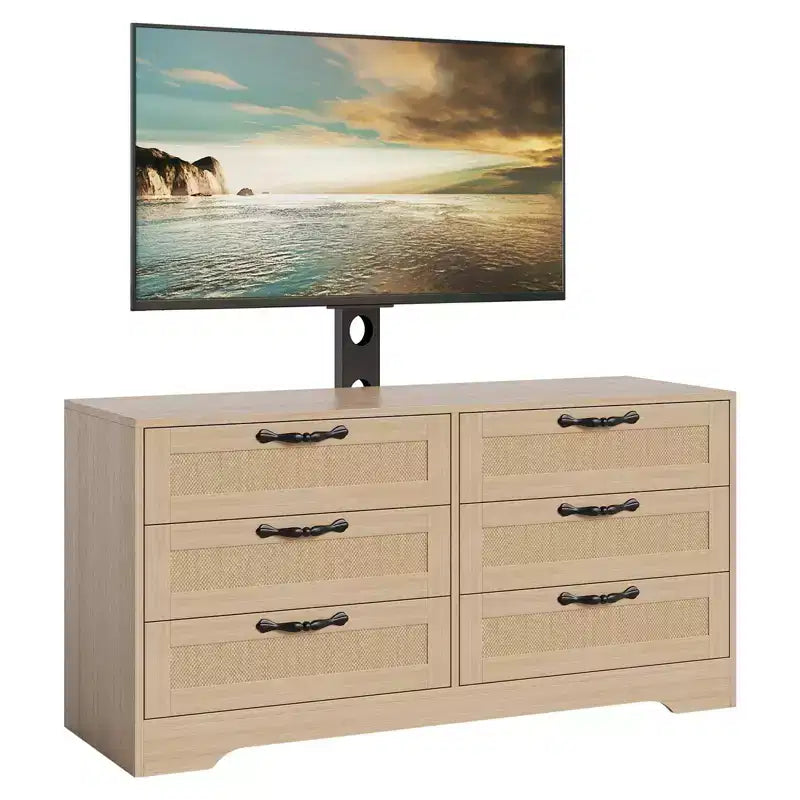 TV Stand with Mount C 47.2 Modern Entertainment Center, 6-Drawer Rattan Dresser for 32-85 Inch TVs, Media Console Table with Storage