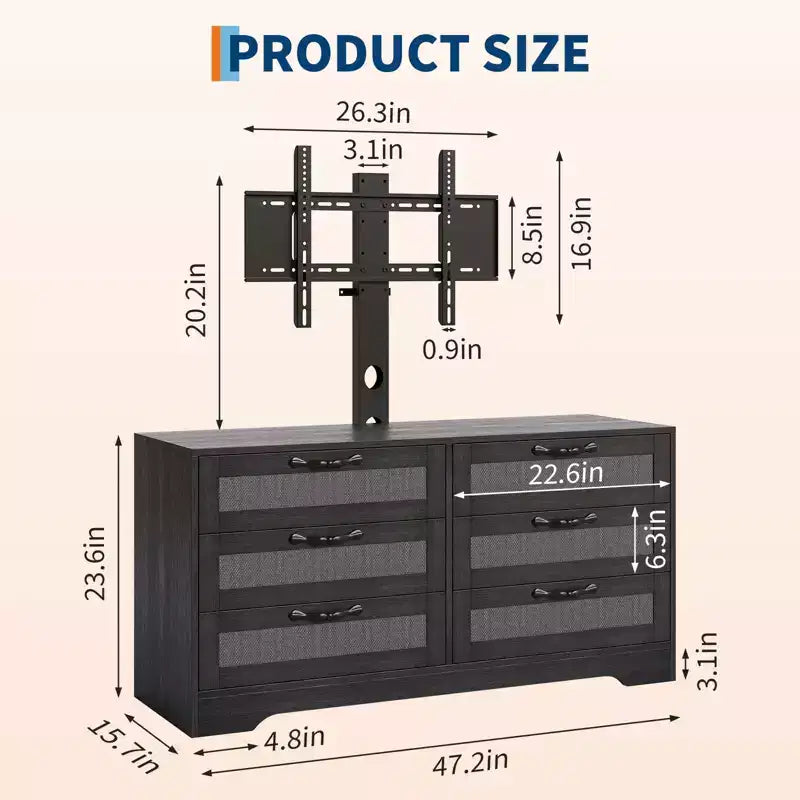 TV Stand with Mount C 47.2 Modern Entertainment Center, 6-Drawer Rattan Dresser for 32-85 Inch TVs, Media Console Table with Storage