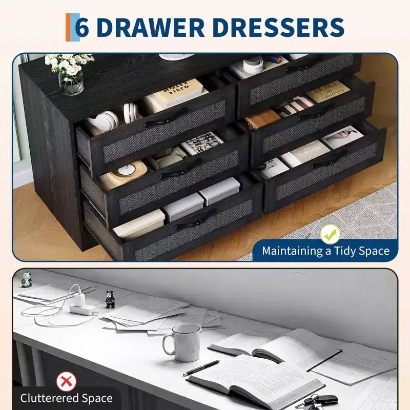 TV Stand with Mount C 47.2 Modern Entertainment Center, 6-Drawer Rattan Dresser for 32-85 Inch TVs, Media Console Table with Storage