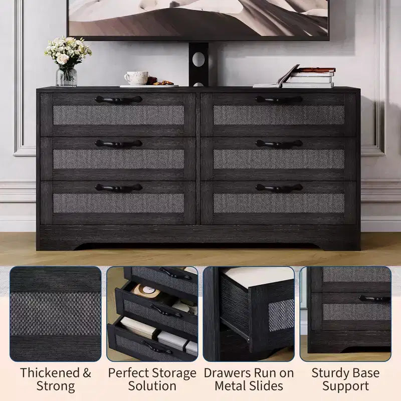 TV Stand with Mount C 47.2 Modern Entertainment Center, 6-Drawer Rattan Dresser for 32-85 Inch TVs, Media Console Table with Storage