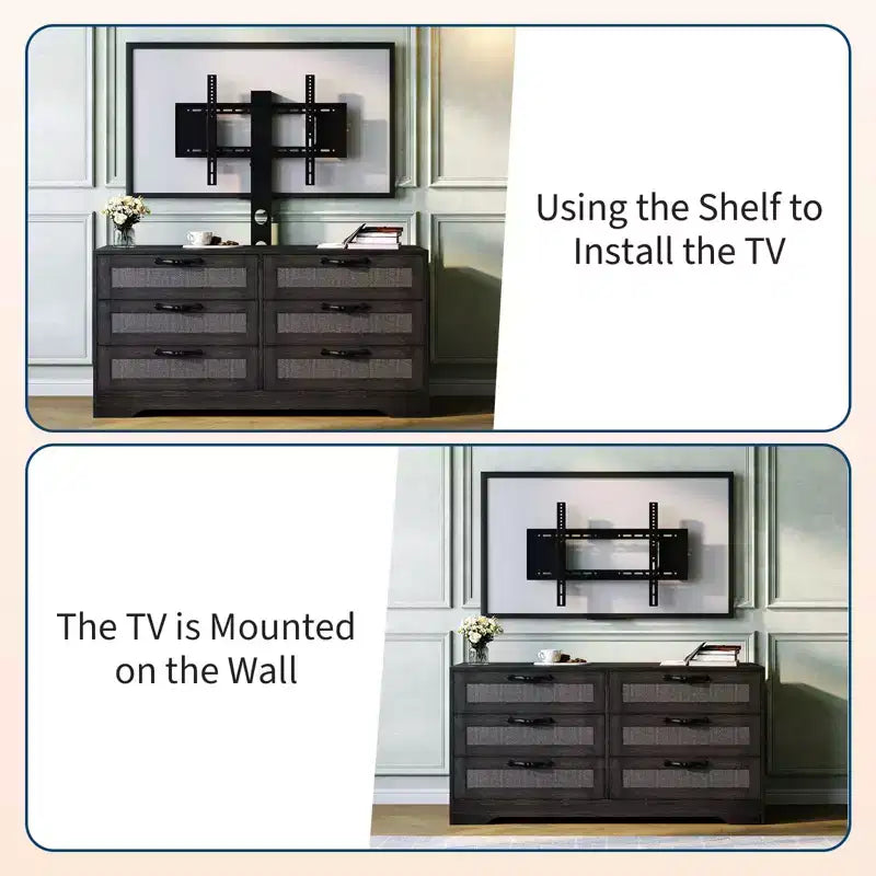 TV Stand with Mount C 47.2 Modern Entertainment Center, 6-Drawer Rattan Dresser for 32-85 Inch TVs, Media Console Table with Storage