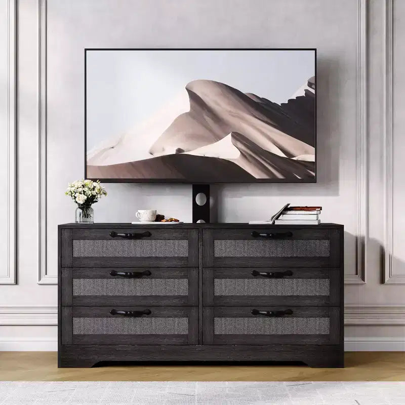 TV Stand with Mount C 47.2 Modern Entertainment Center, 6-Drawer Rattan Dresser for 32-85 Inch TVs, Media Console Table with Storage