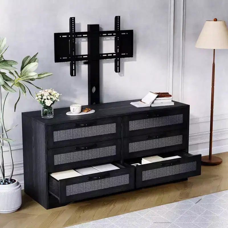 TV Stand with Mount C 47.2 Modern Entertainment Center, 6-Drawer Rattan Dresser for 32-85 Inch TVs, Media Console Table with Storage