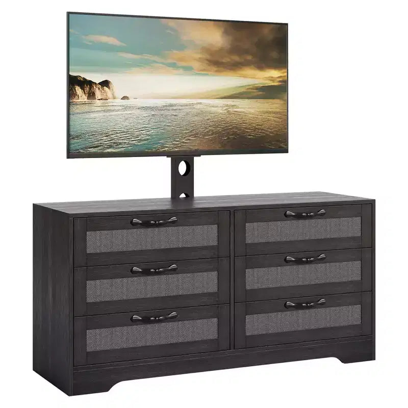 TV Stand with Mount C 47.2 Modern Entertainment Center, 6-Drawer Rattan Dresser for 32-85 Inch TVs, Media Console Table with Storage