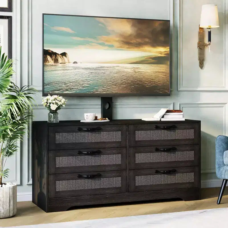 TV Stand with Mount C 47.2 Modern Entertainment Center, 6-Drawer Rattan Dresser for 32-85 Inch TVs, Media Console Table with Storage