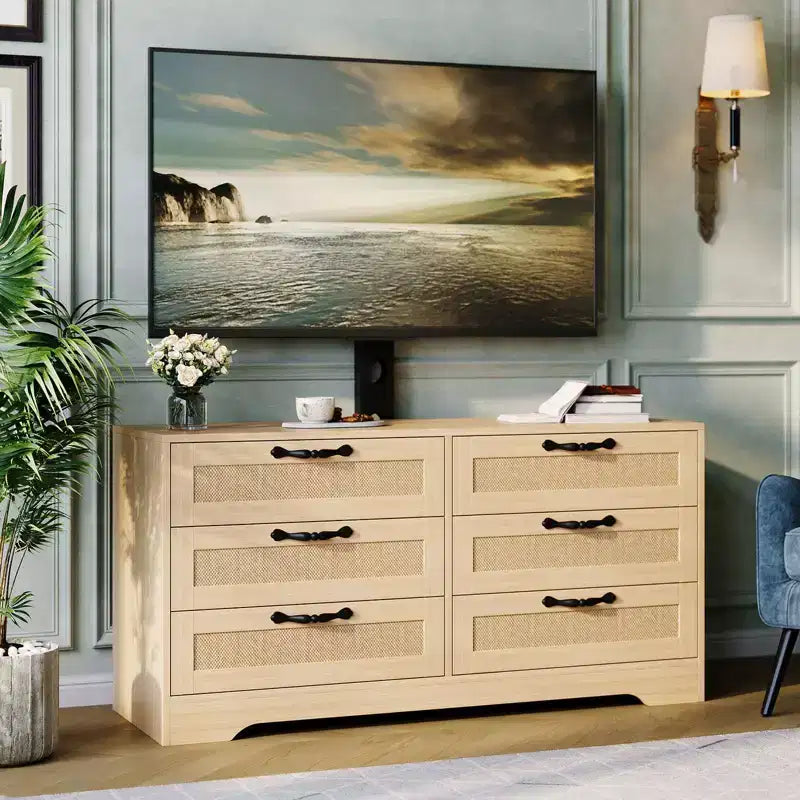 TV Stand with Mount C 47.2 Modern Entertainment Center, 6-Drawer Rattan Dresser for 32-85 Inch TVs, Media Console Table with Storage