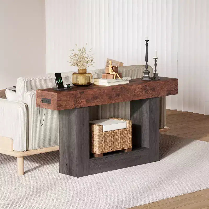 63 Entryway Console Table, 2 Tier Narrow Long Sofa Table with Charging Station, Wooden Behind Couch Table for Entrance Foyer Living Room, Brown