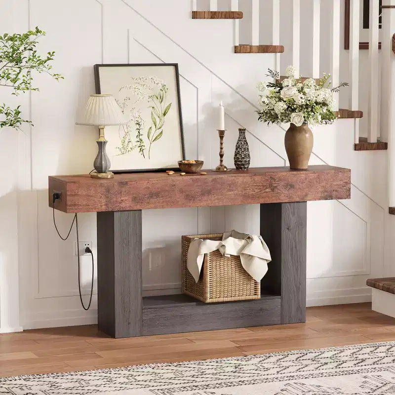 63 Entryway Console Table, 2 Tier Narrow Long Sofa Table with Charging Station, Wooden Behind Couch Table for Entrance Foyer Living Room, Brown