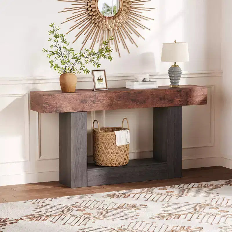 63 Entryway Console Table, 2 Tier Narrow Long Sofa Table with Charging Station, Wooden Behind Couch Table for Entrance Foyer Living Room, Brown