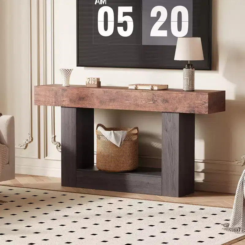 63 Entryway Console Table, 2 Tier Narrow Long Sofa Table with Charging Station, Wooden Behind Couch Table for Entrance Foyer Living Room, Brown