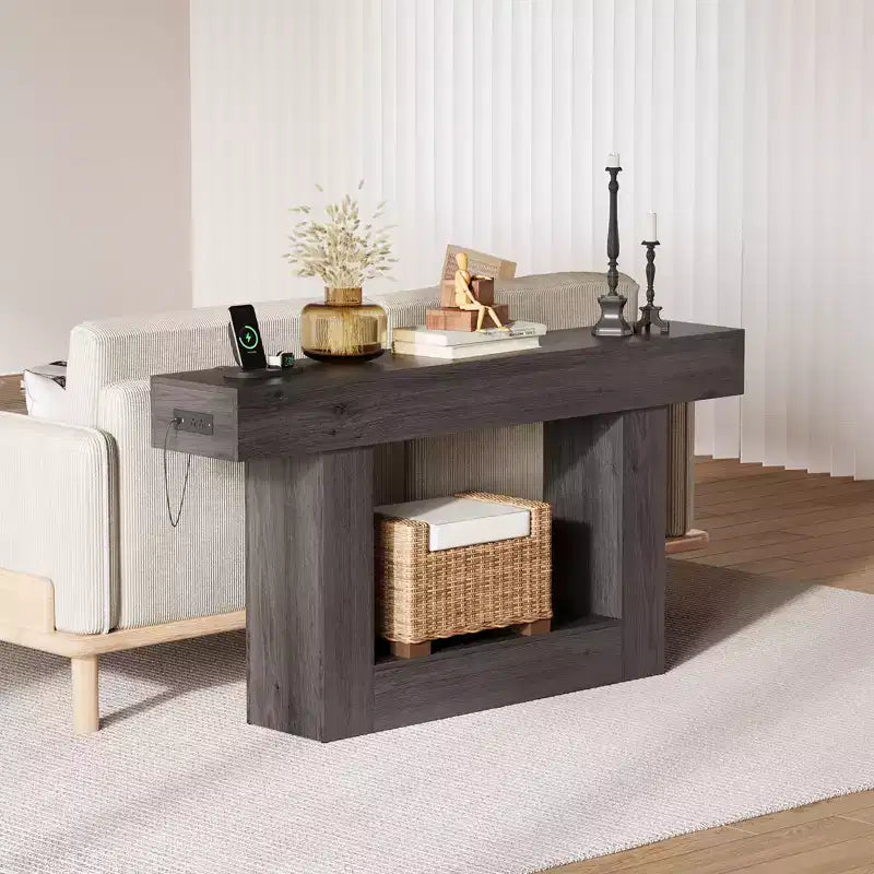 63 Entryway Console Table, 2 Tier Narrow Long Sofa Table with Charging Station, Wooden Behind Couch Table for Entrance Foyer Living Room, Brown