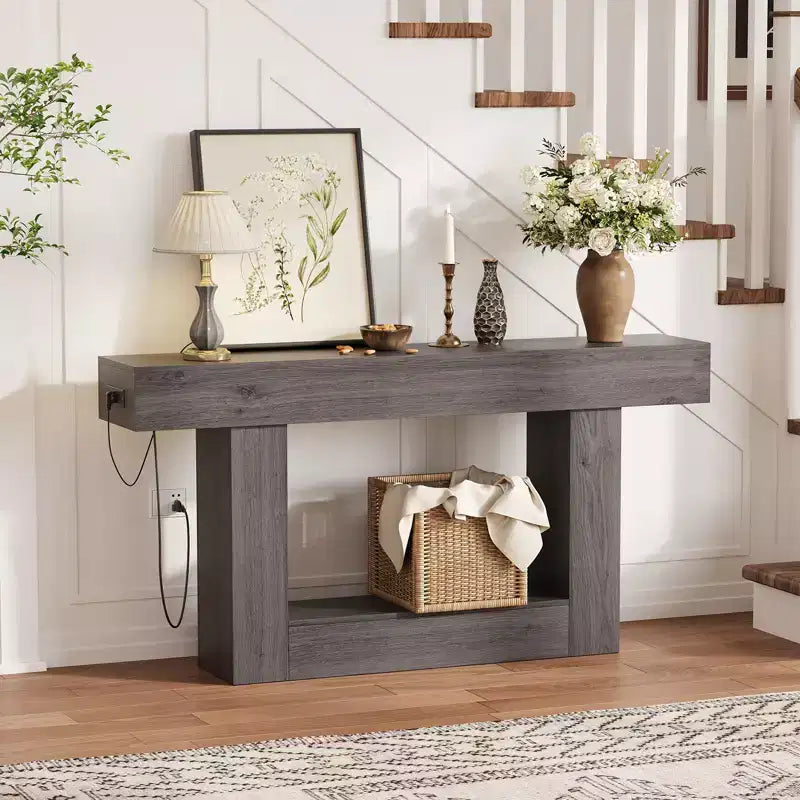 63 Entryway Console Table, 2 Tier Narrow Long Sofa Table with Charging Station, Wooden Behind Couch Table for Entrance Foyer Living Room, Brown