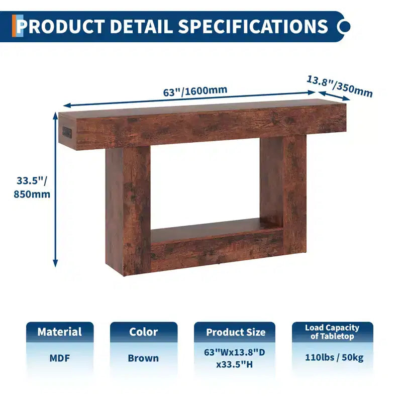63 Entryway Console Table, 2 Tier Narrow Long Sofa Table with Charging Station, Wooden Behind Couch Table for Entrance Foyer Living Room, Brown