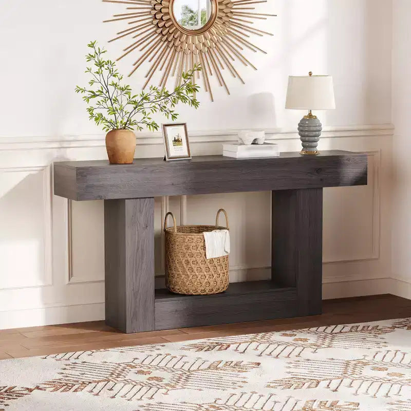 63 Entryway Console Table, 2 Tier Narrow Long Sofa Table with Charging Station, Wooden Behind Couch Table for Entrance Foyer Living Room, Brown