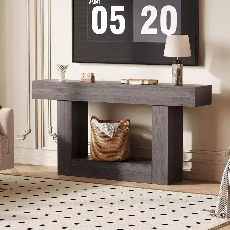 63 Entryway Console Table, 2 Tier Narrow Long Sofa Table with Charging Station, Wooden Behind Couch Table for Entrance Foyer Living Room, Brown