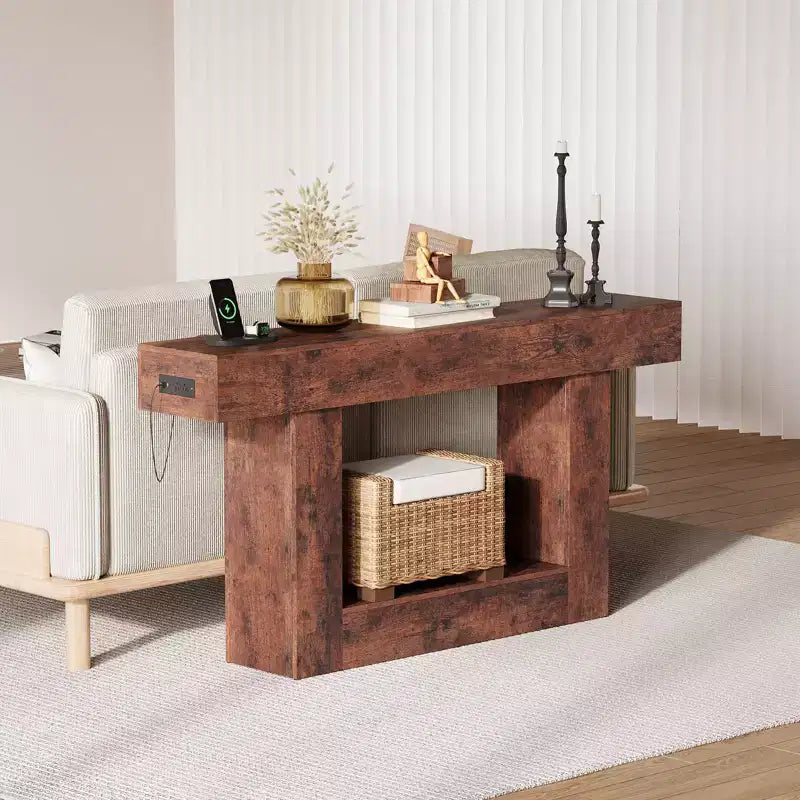 63 Entryway Console Table, 2 Tier Narrow Long Sofa Table with Charging Station, Wooden Behind Couch Table for Entrance Foyer Living Room, Brown