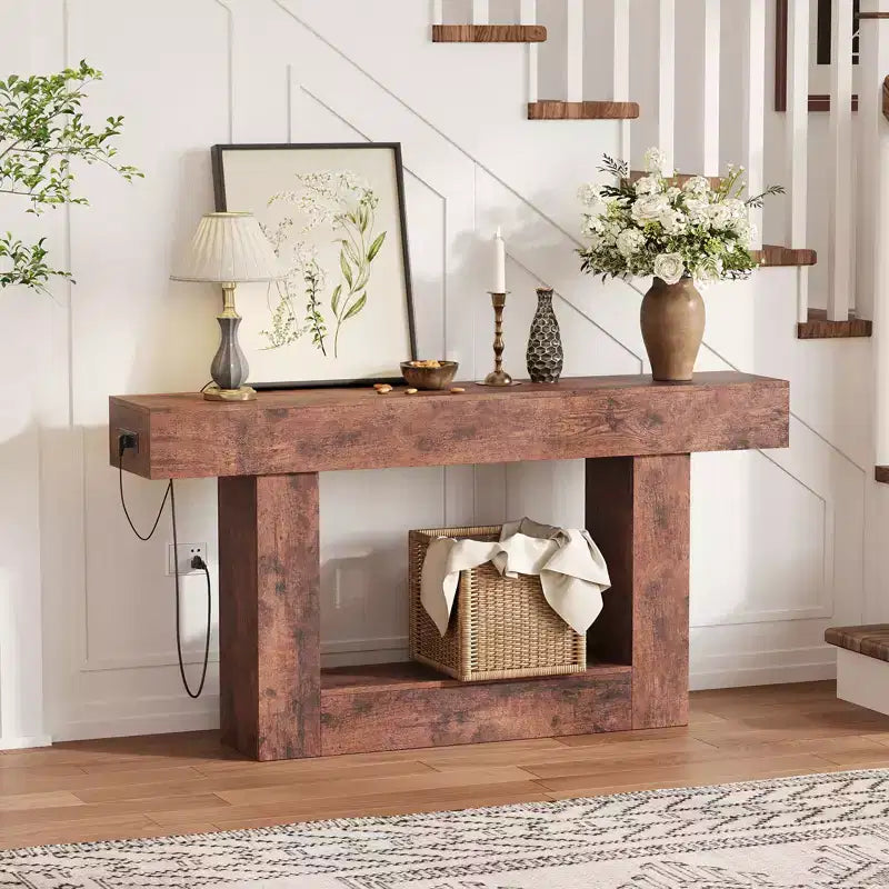 63 Entryway Console Table, 2 Tier Narrow Long Sofa Table with Charging Station, Wooden Behind Couch Table for Entrance Foyer Living Room, Brown