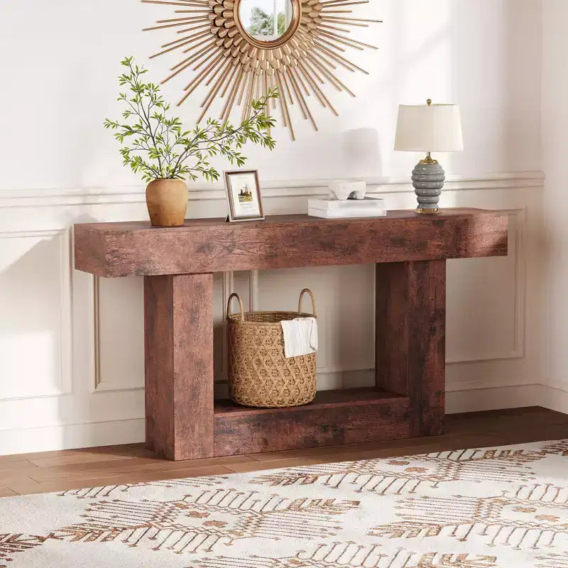 63 Entryway Console Table, 2 Tier Narrow Long Sofa Table with Charging Station, Wooden Behind Couch Table for Entrance Foyer Living Room, Brown
