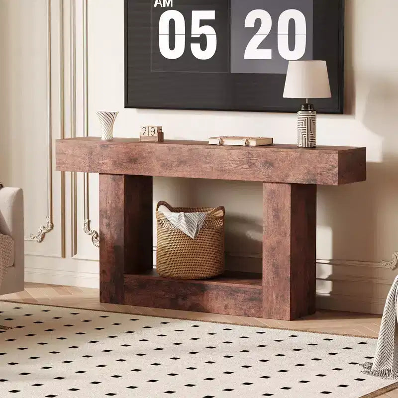 63 Entryway Console Table, 2 Tier Narrow Long Sofa Table with Charging Station, Wooden Behind Couch Table for Entrance Foyer Living Room, Brown