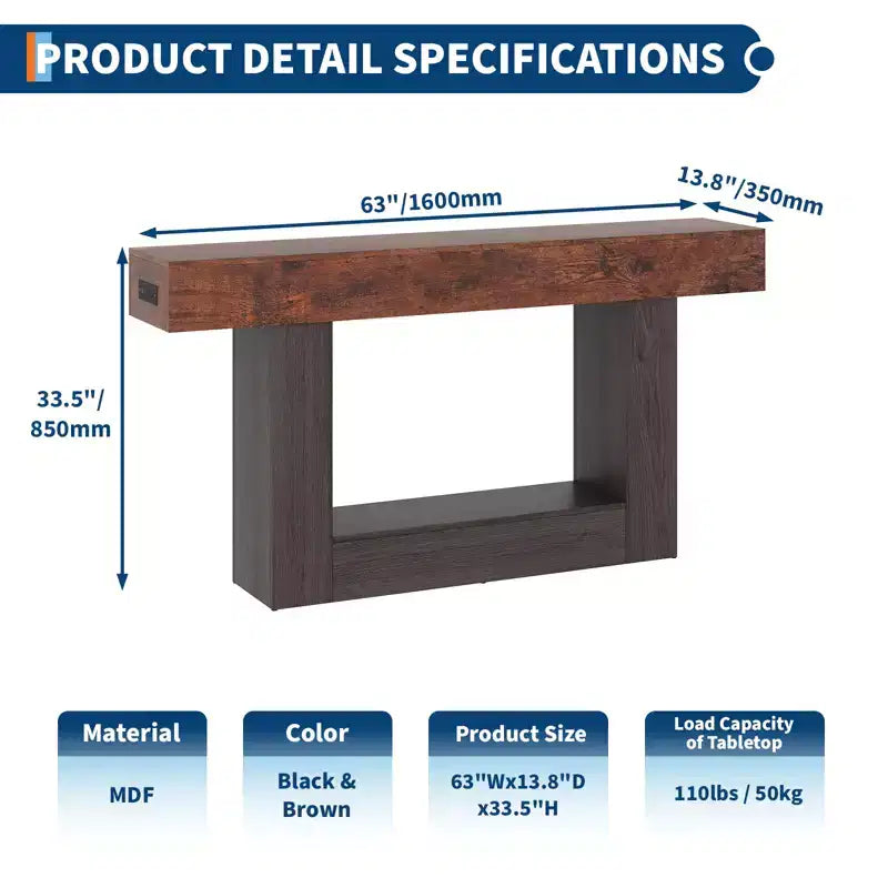 63 Entryway Console Table, 2 Tier Narrow Long Sofa Table with Charging Station, Wooden Behind Couch Table for Entrance Foyer Living Room, Brown