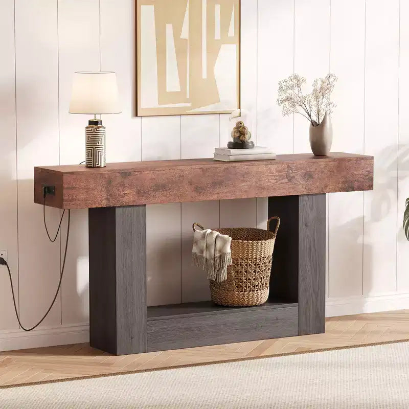 63 Entryway Console Table, 2 Tier Narrow Long Sofa Table with Charging Station, Wooden Behind Couch Table for Entrance Foyer Living Room, Brown