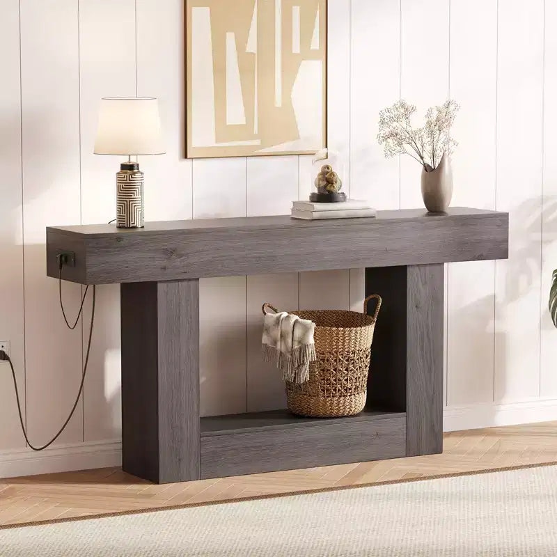 63 Entryway Console Table, 2 Tier Narrow Long Sofa Table with Charging Station, Wooden Behind Couch Table for Entrance Foyer Living Room, Brown