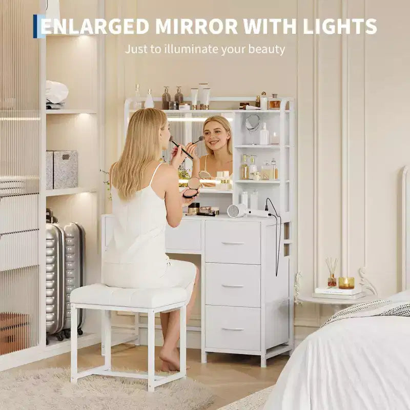 35.4 Vanity Desk with Square Mirror for Bedroom, Makeup Table with 4 Fabric Drawers & Storage Shelves