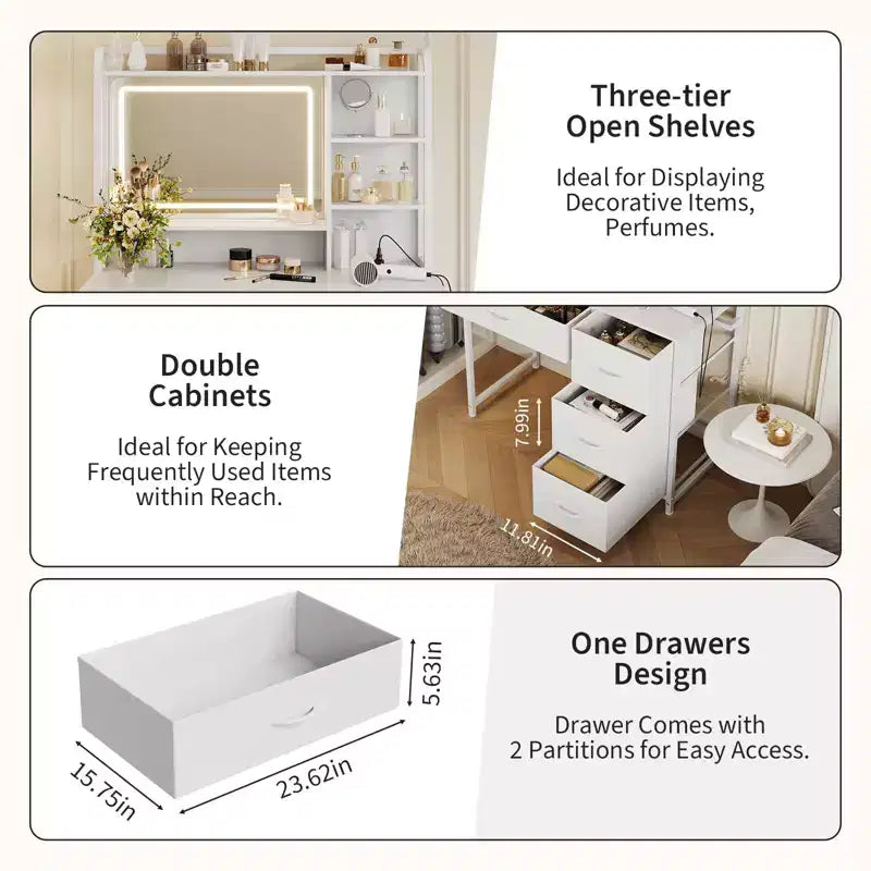 35.4 Vanity Desk with Square Mirror for Bedroom, Makeup Table with 4 Fabric Drawers & Storage Shelves