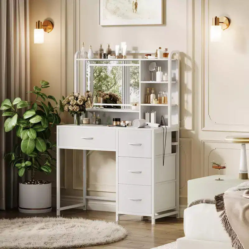 35.4 Vanity Desk with Square Mirror for Bedroom, Makeup Table with 4 Fabric Drawers & Storage Shelves