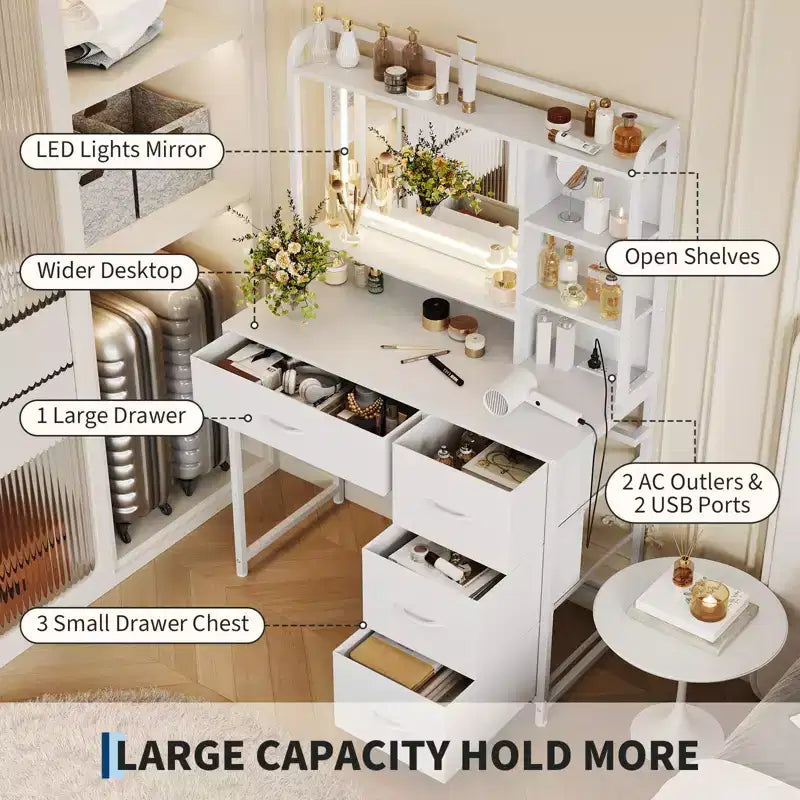 35.4 Vanity Desk with Square Mirror for Bedroom, Makeup Table with 4 Fabric Drawers & Storage Shelves