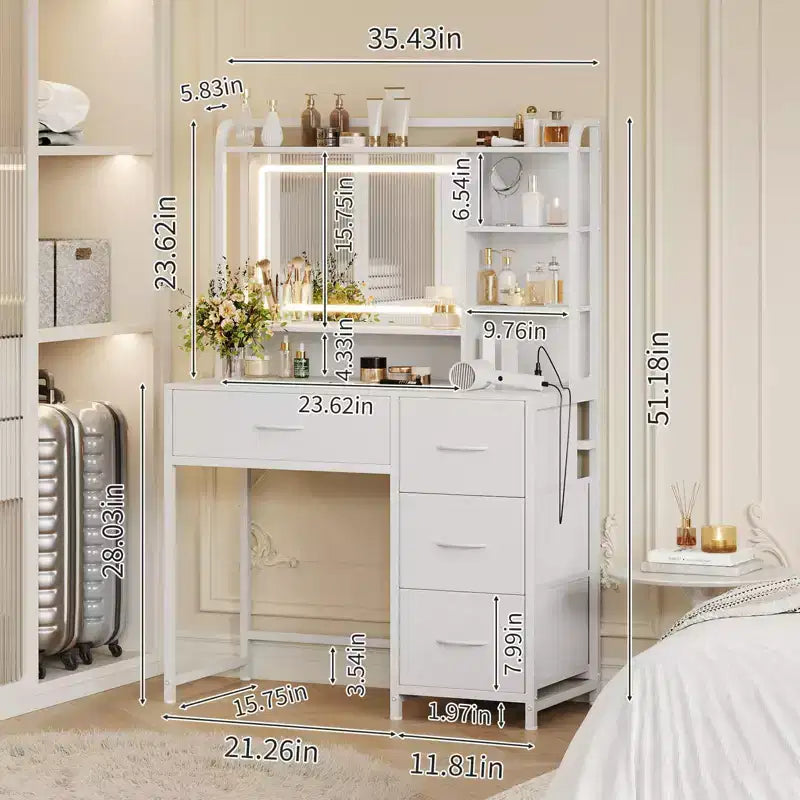35.4 Vanity Desk with Square Mirror for Bedroom, Makeup Table with 4 Fabric Drawers & Storage Shelves