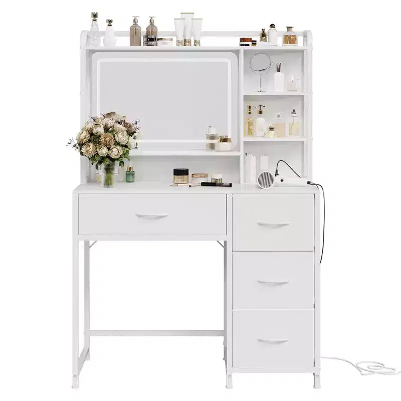 35.4 Vanity Desk with Square Mirror for Bedroom, Makeup Table with 4 Fabric Drawers & Storage Shelves