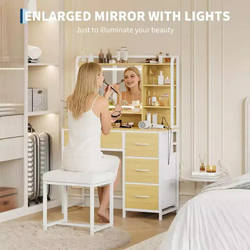 35.4 Vanity Desk with Square Mirror for Bedroom, Makeup Table with 4 Fabric Drawers & Storage Shelves