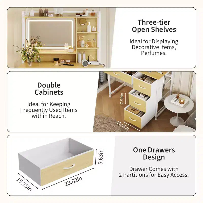 35.4 Vanity Desk with Square Mirror for Bedroom, Makeup Table with 4 Fabric Drawers & Storage Shelves