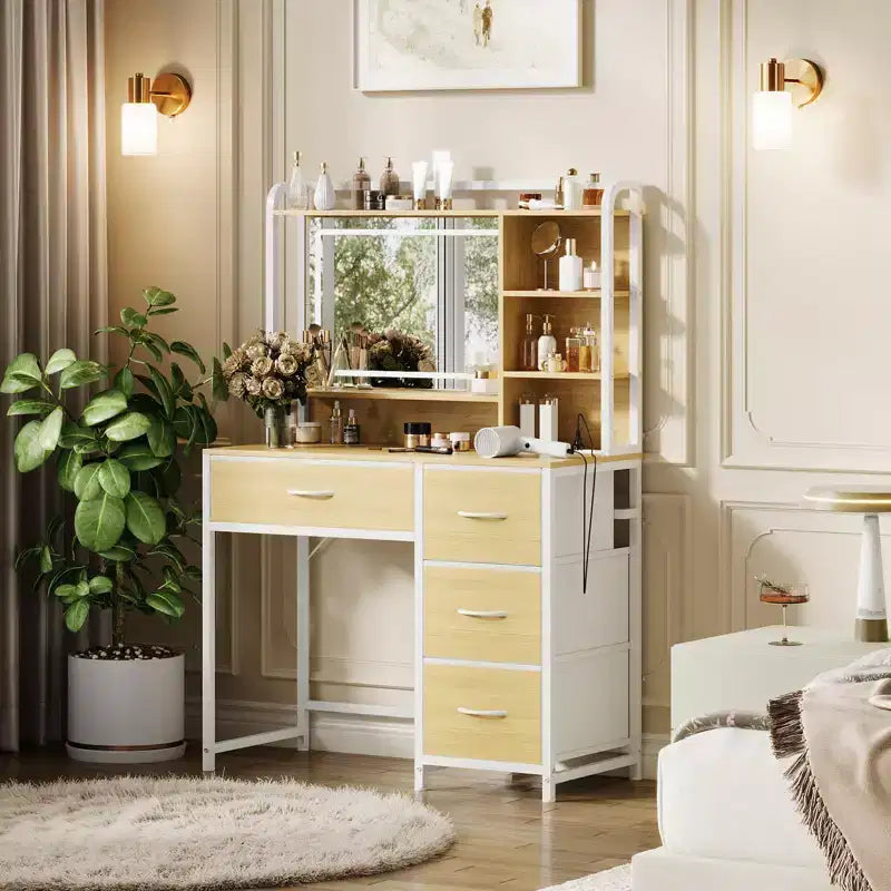 35.4 Vanity Desk with Square Mirror for Bedroom, Makeup Table with 4 Fabric Drawers & Storage Shelves