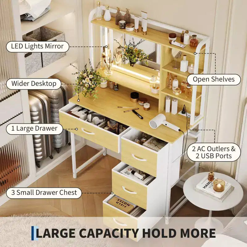 35.4 Vanity Desk with Square Mirror for Bedroom, Makeup Table with 4 Fabric Drawers & Storage Shelves