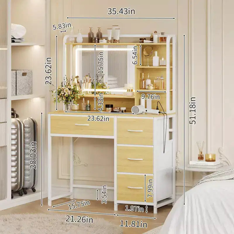 35.4 Vanity Desk with Square Mirror for Bedroom, Makeup Table with 4 Fabric Drawers & Storage Shelves