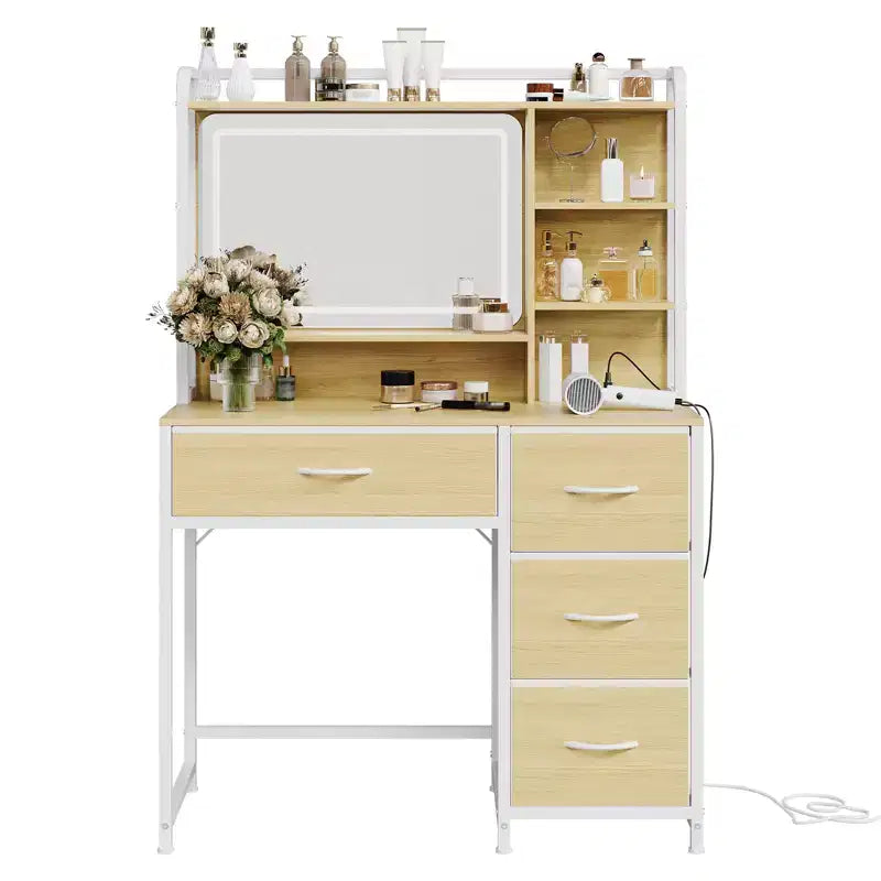 35.4 Vanity Desk with Square Mirror for Bedroom, Makeup Table with 4 Fabric Drawers & Storage Shelves