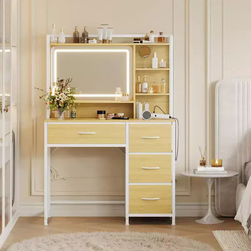 35.4 Vanity Desk with Square Mirror for Bedroom, Makeup Table with 4 Fabric Drawers & Storage Shelves