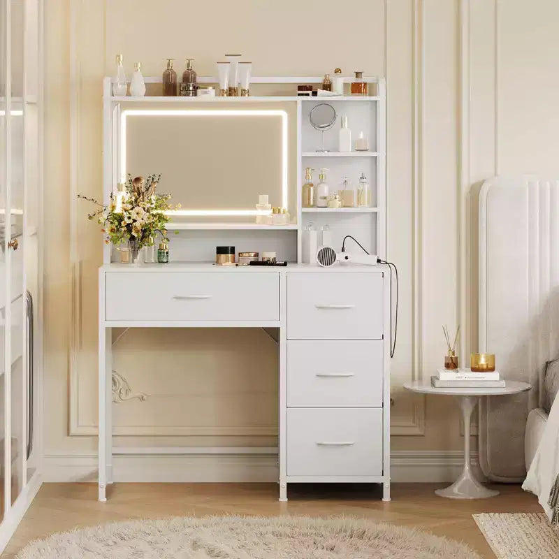 35.4 Vanity Desk with Square Mirror for Bedroom, Makeup Table with 4 Fabric Drawers & Storage Shelves