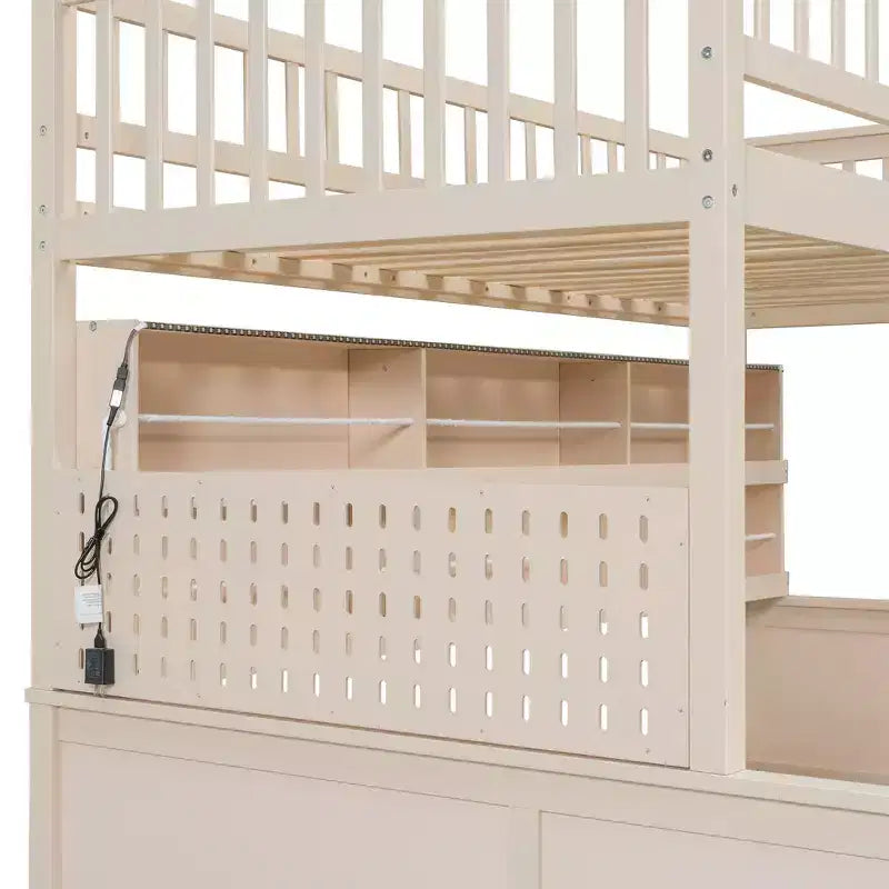Twin XL over Queen Bunk Bed Storage Bed, Convertible to 2 Bed, with Integrated Shelving, Color-Changing Lights & Pegboard - ModernLuxe