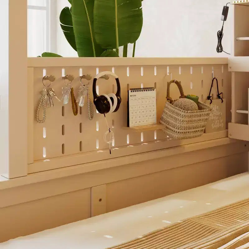 Twin XL over Queen Bunk Bed Storage Bed, Convertible to 2 Bed, with Integrated Shelving, Color-Changing Lights & Pegboard - ModernLuxe