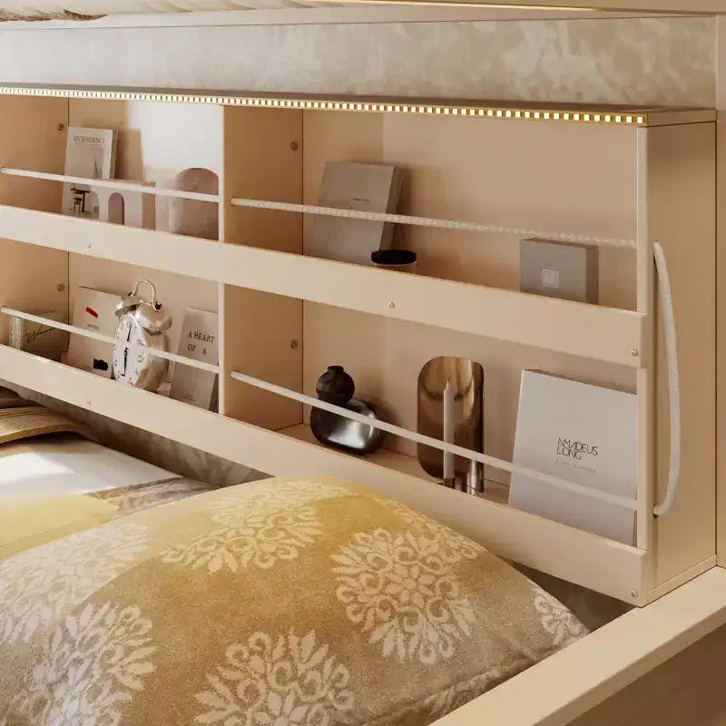 Twin XL over Queen Bunk Bed Storage Bed, Convertible to 2 Bed, with Integrated Shelving, Color-Changing Lights & Pegboard - ModernLuxe