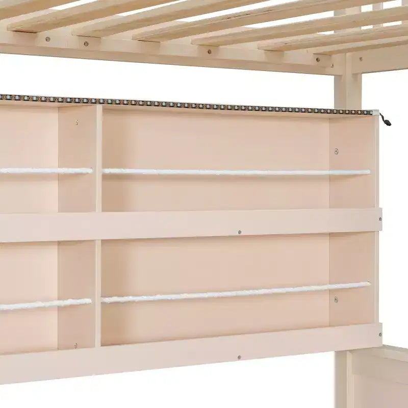Twin XL over Queen Bunk Bed Storage Bed, Convertible to 2 Bed, with Integrated Shelving, Color-Changing Lights & Pegboard - ModernLuxe